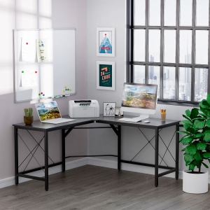 HOMCOM L-Shaped Wood Corner Computer Office Desk with PC Workstation Large Gaming Desk for Home Office, Black