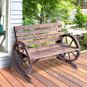 Outsunny 42" Wood Wagon Wheel Bench Garden Loveseat Rustic Seat Relaxing Lounge Chair Outdoor Decorative Seat Park Decor, Brown