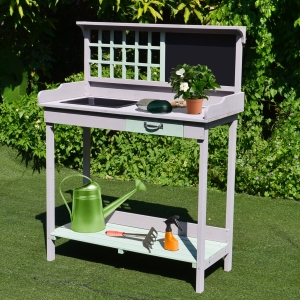 HOMCOM Garden Wooden Potting Table Outdoor Planting Workstation Bench w/ Storage Shelf Garage Tool Table Grey