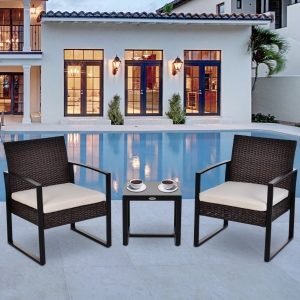 Outsunny 3pcs Rattan Wicker Coffee Table Set Garden Chair Table Set w/ Cushion