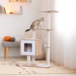 PawHut 47" Premium Wood Cat Tree Kitty Scratching Post Kitten House Condo Activity Center w/ Cushions Pet Furniture