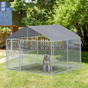 PawHut 7.5'Lx7.5'Wx5.6'H Large Outdoor Dog Kennel Playpen Galvanized Pet Exercise House Cage with Canopy Roof, Silver