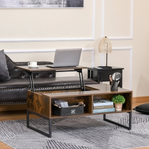 HOMCOM Foldable Wood Lift Top Coffee Table Convertible Furniture with 2 Storage Drawer Tray