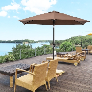 Outsunny 9' Round Aluminum Patio Umbrella 6 Ribs Market Sunshade Tilt Canopy w/ Crank Handle Garden Parasol Coffee