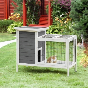 PawHut 36"x22”x30” Wooden Outdoor Small Rabbit Hutch Elevated Bunny Cage with Run Animal House Grey/White