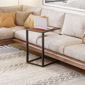 HOMCOM Wooden Sofa Snack Table Laptop Holder Bed Side Desk with Metal Base, Walnut