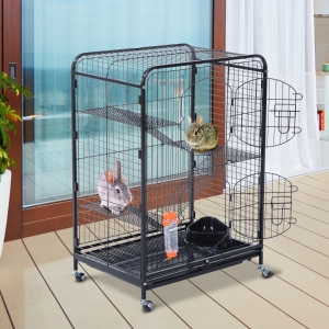 PawHut 37" Pet Cage Hamster Rats House Playpen 2 Doors Tray Animal Supply Kit Metal Black