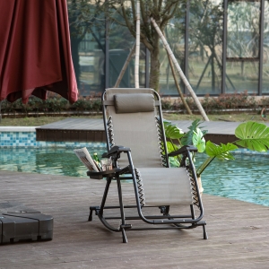 Outsunny 2 in 1 Adjustable Zero Gravity Reclining Lounge Chair Garden Recliner and Rocker Foldable Sun Lounger Napping Seat w/ Headrest & Tray Grey