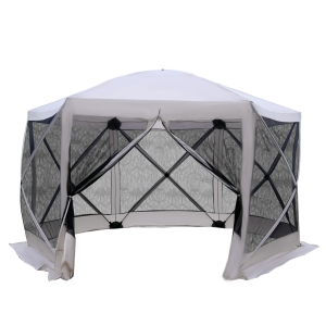 Outsunny 6-Sided Hexagon Pop Up Party Tent Gazebo with Mesh Netting Walls & Shaded Interior, 12' x 12', Beige