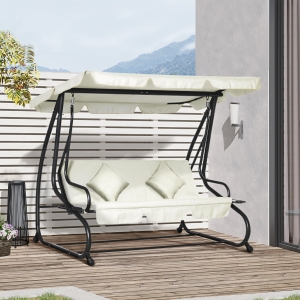 Outsunny 3 Seater Patio Swing Chair Convertible Cushioned Bed Outdoor Porch with Canopy and Pillow