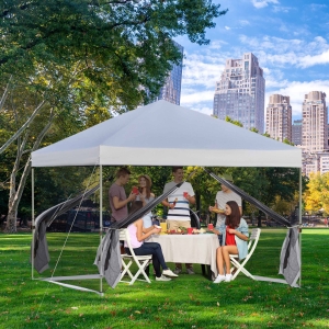Outsunny 10' x 10' Outdoor Pop-Up Party Tent Canopy with Mesh Sidewalls, 3-Level Adjustable Height, Roller Bag, Silver