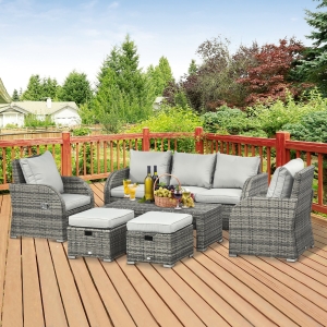 Outsunny 6pc Wicker Sectional Set Cushioned Outdoor Rattan 3-Seat Sofa, 2 Adjustable Recliners, 2 Footstools & Table Set Patio Furniture Light Grey