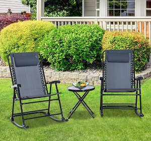 Outsunny Outdoor Rocking Chair Patio Table Seating Set Rocker Bistro Sling Mesh Lounger Coffee Desk Grey