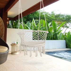 Outsunny Hanging Hammock Chair Cotton Rope Porch Swing with Metal Frame and Cushion, Large Macrame Seat for Patio, Garden, Bedroom, Living Room, Cream White