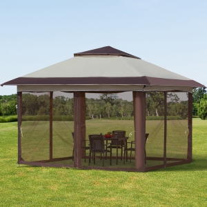Outsunny 12' x 12' Heavy Duty Pop Up Canopy with Center Lift Hook Design, Mesh Sidewall Netting, 3-Level Adjustable Height and Storage Bag, Beige