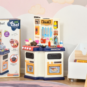 Qaba 64 PCS Kids Kitchen Role Play Cooking Toy Set, Educational Pretend Kitchen Playset Game, w/ Water Circulation, Spray, Music, Sound, Colorful Flashlight, for 3-6 Years Old, Beige+Blue