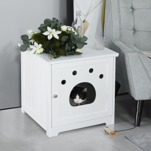 PawHut Wooden Cat Washroom Pet Litter Box Enclosure Kitten House Nightstand End Table Hideaway Cabinet with Magnetic Doors White
