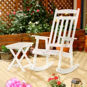 Outsunny Wooden Rocking Chair Set, 2-Piece Outdoor Porch Rocker with Foldable Table for Patio, Backyard and Garden, White