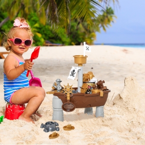 Qaba Pirate Ship Theme Sand and Water Table Beach Toy Set 2 in 1 Outdoor Activities Playset for Kids with Accessories 26 Pcs Garden Sandpit Sandbox for Beach Bath 3 Years Old Toddlers
