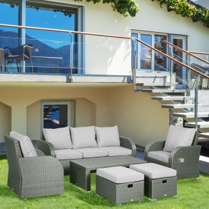 Outsunny 6pc Wicker Sectional Set Cushioned Outdoor Rattan 3-Seat Sofa, 2 Adjustable Recliners, 2 Footstools & Table Set Patio Furniture Grey
