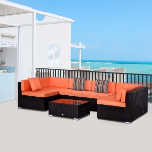 Outsunny 7pc Garden Wicker Sectional Set w/Tea Table Patio Rattan Lounge Sofa with Cushion Outdoor Deck Furniture All Weather Orange