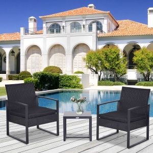 Outsunny 3PCS Patio Rattan Wicker Chair Table Set Cushioned Outdoor Furniture