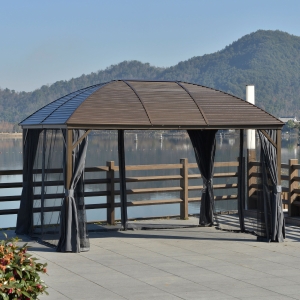 Outsunny 10' x 13' Hardtop Gazebo Aluminum Outdoor Canopy with Mesh Nettings, Practical Curtains, Arc Roof & Roomy Interior Space, Grey