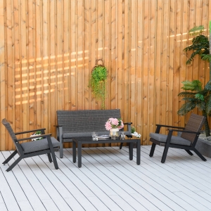 Outsunny 4-Piece Patio Sofa Set, PE Rattan Outdoor Sofa with 2 Cushioned Sofas, 1 Loveseat and Coffee Table with Tempered Glass Top for Garden, Backyard