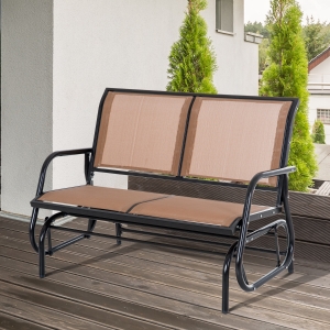 Outsunny Patio Double Glider Outdoor Steel Sling Fabric Rocking Bench Garden Swing Chair Heavy-Duty Porch Rocker Garden Loveseat Coffee Brown