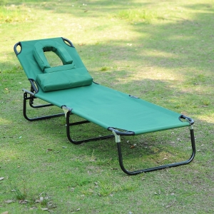 Outsunny Adjustable Garden Sun Lounger w/ Reading Hole Outdoor Reclining Seat Folding Camping Beach Lounging Bed, Green
