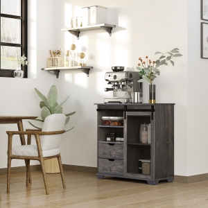 HOMCOM Industrial Freestanding Sideboard Buffet Sliding Door Storage Cabinet with 2 Drawers, 2 Shelves, 2 Door Cabinets, for Living Room, Dining Room, Kitchen, Bathroom, Entryway, Dark Brown and Black