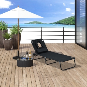 Outsunny Adjustable Garden Sun Lounger w/ Reading Hole Outdoor Reclining Seat Folding Camping Beach Lounging Bed, Black