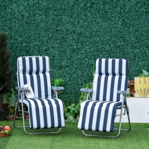 Outsunny Set of 2 Garden Sun Lounger Outdoor Reclining Seat Cushioned Seat Foldable Adjustable Recliner, White and Blue