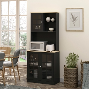 HOMCOM Kitchen Buffet with Hutch, Storage Pantry with 3 Cabinets, 2 Open Shelves and Large Countertop, Black