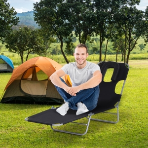 Outsunny Folding Adjustable Chaise Lounge with Face Cavity Outdoor Beach Camping Sun Lounger Bed Recliner, Black