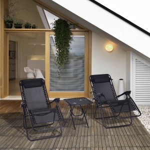 Outsunny 3pcs Zero Gravity Lounger Chair Set Patio Chaise Lounge Side Table Set w/ Cup Holder Outdoor Folding Recliner Seat, Black