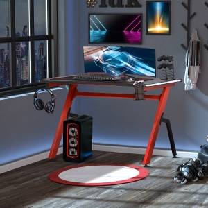 HOMCOM 47" Gaming Desk with LED Lights, Home Office Gaming Table, Computer Table with Hook, Cup Holder, Controller Rack & Cable Management