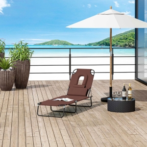 Outsunny Adjustable Garden Sun Lounger w/ Reading Hole Outdoor Reclining Seat Folding Camping Beach Lounging Bed, Brown