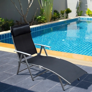 Outsunny Heavy-duty Adjustable Folding Reclining Chair Outdoor Sun Lounger Patio Chaise Lounge Garden Beach Gravity Lounge with Pillow, Black