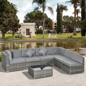 Outsunny 7pc Garden Wicker Sectional Set w/Tea Table Patio Rattan Lounge Sofa with Cushion Outdoor Deck Furniture All Weather Grey