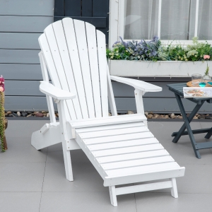 Outsunny Folding Adirondack Chair with Ottoman, Outdoor Wooden Lounger for Patio, Porch, Poolside, Garden, White
