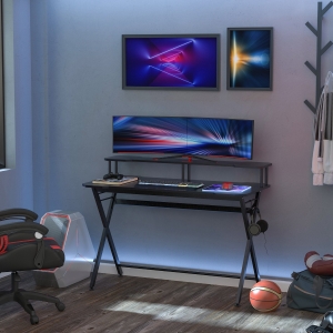 HOMCOM 55 inch Gaming Desk, Racing Style Computer Office PC Gamer Workstation with Elevated Monitor Stand, Headphone Hook, Black