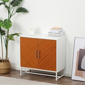 HOMCOM Freestanding Storage Cabinet Kitchen Sideboard with Adjustable Shelf Metal Base, Double Door Floor Cupboard for Living & Dining Room, White, Brown