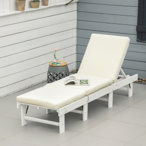 Outsunny Sun Lounger Outdoor Wooden Garden Foldable Reclining Chair with 4 Adjustable Back Soft Cushion White