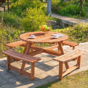 Outsunny 8 Seater Round Wooden Pub Bench & Picnic Table Garden Chair Dining Table Set