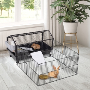 PawHut Metal Small Rabbit Hutch Cage Main House Guinea Pig Hutch Small Animal Shed W/ wheels and brakes Foldable Large Run Detachable Black (34.75" L x 50.5" W x 22" H)