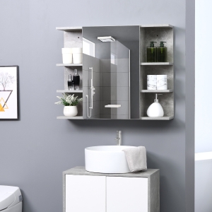 kleankin 32 Inch x 8 Inch Bathroom Medicine Cabinet, Wall Mounted Storage Organizer with Mirror Door, 6 Open Shelves, Grey