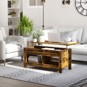 HOMCOM Lift Top Coffee Table with Hidden Storage Compartment and Open Shelves, Lift Tabletop Pop-Up Center Table for Living Room, Rustic Brown