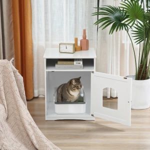 PawHut Cat Litter Box Enclosure Hidden Cabinet Cat Furniture Indoor Cat Washroom Nightstand End Table with Cat-sized Hole Wide Tabletop Storage Shelf White