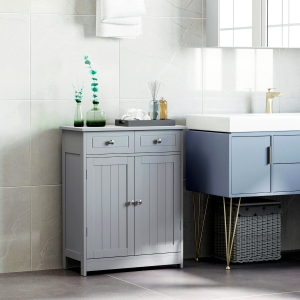 kleankin Freestanding Bathroom Storage Cabinet Organizer Floor Tower with 2 Door, 2 Drawers, Adjustable Shelf, Grey